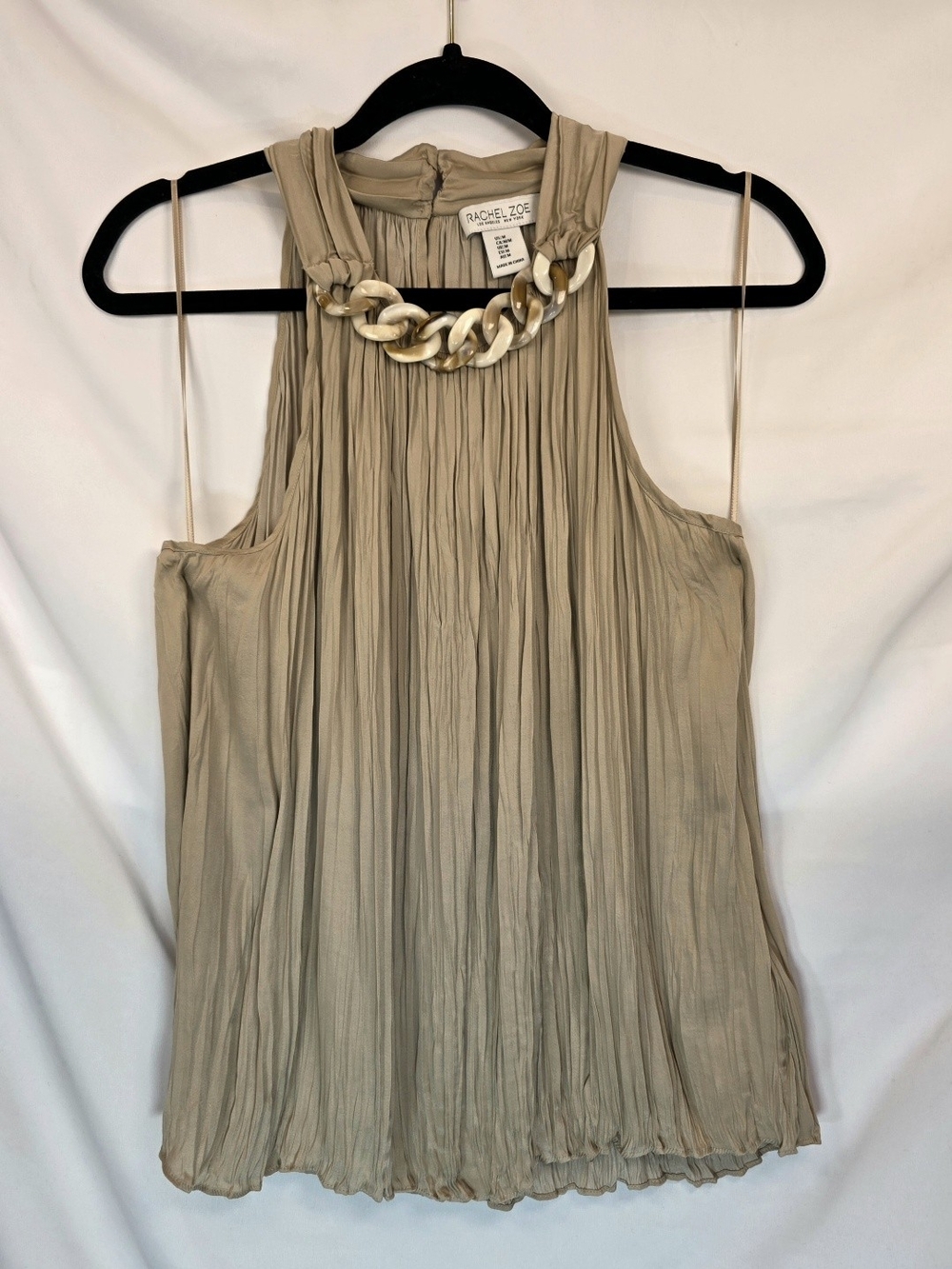 Rachel Zoe Taupe Boho Chic Office Pleated Halter Chunky Chain Accent Blouse Sz M